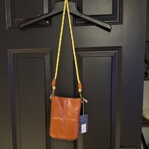 Brown Leather Crossbody Bag with Yellow Strap